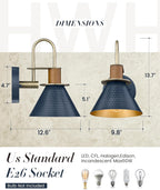 Modern Wall Sconces, HWH Industrial Sconce Wall Lighting Indoor Wall Lamp, Gooseneck 1-Light Barn Vanity Light for Kitchen Bedroom, Hammered Metal Shade, Navy Blue Finish, 5HZG74B-L BL+BG