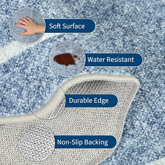 GarveeHome Scalloped Round Washable Rug, Soft Modern Round Rugs 5ft, Boho Blue - Image 2