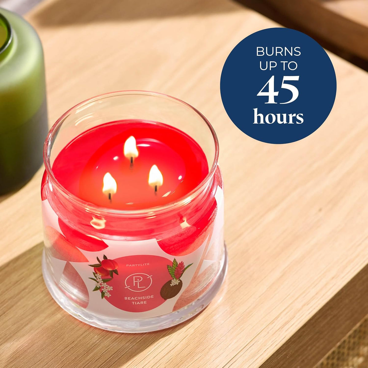 PartyLite Beachside Tiare Scented, Notes of Gardenia, Coconut, Red Hibiscus, Peach & Ylang Ylang, 13.2oz 3-Wick Jar Candle, 45 Hour Burn Time, Luxurious Fragrance, Ideal for Gifting