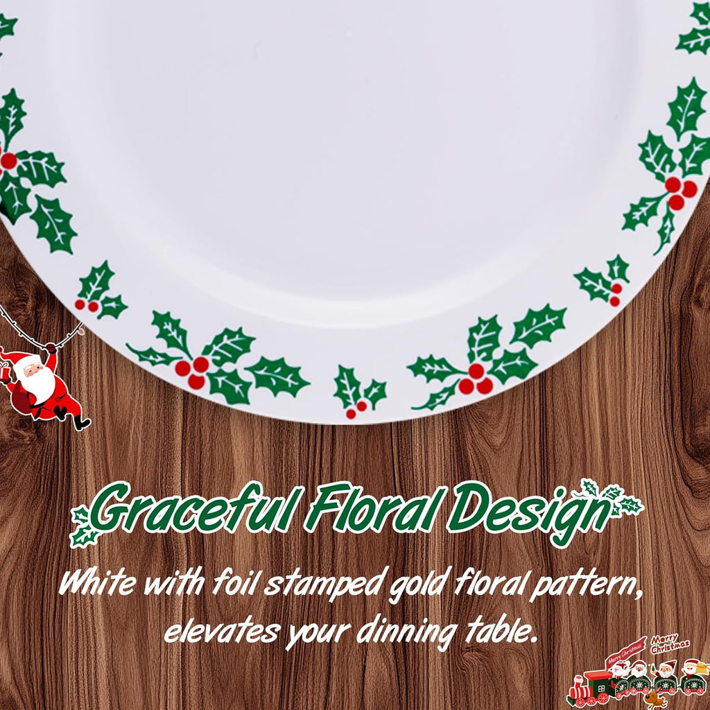 WDF 350pcs Christmas Plates and Napkins Set - Exquisite Holly Design - Christmas Dinnerware Set of 50 Christmas Plastic Plates 50 Red Silverware Set&Cups&Christmas Napkins
