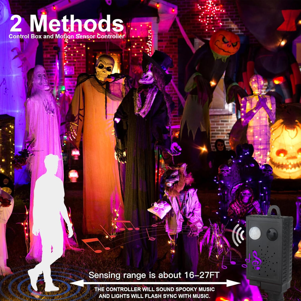 XTF2015 Halloween Lights, 105FT 300 LED Halloween String Lights with Spooky Music Motion Sensor Controller Twinkle Waterproof Purple Orange Light Plug in for Indoor Outdoor Tree Party Yard Room Decor