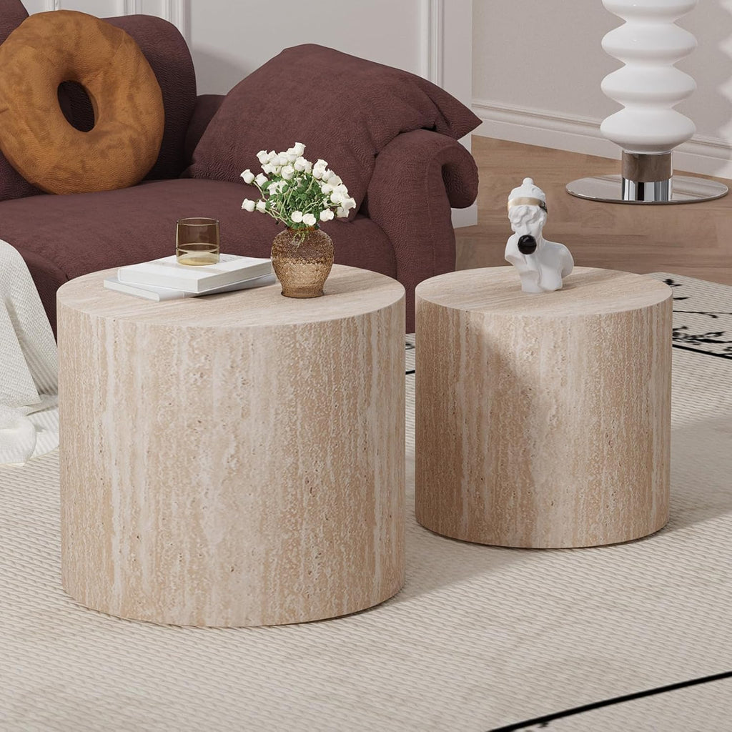 Round Nesting Coffee Table Set of 2 Modern Wood Coffee Tables Handcraft Drum Coffees Table Farmhouse Round Sofa Side Tables End Table for Living Room Small Spaces, No Assembling (Travertine)
