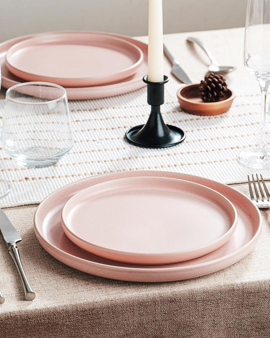 Famiware Milkyway Plates and Bowls Sets, 12 Pieces Dinnerware Sets, Reactive Glaze Dish Set, Stoneware Dishes Set for 4, Light Pink