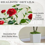 Artificial Camellia Tree 5FT Faux Trees Indoor Fake Floral Plant Blooming Tree with Red Flowers & White Tall Planter, Faux Camellia Plants for Porch Home Room Bedroom Office Front Door Outdoor Decor