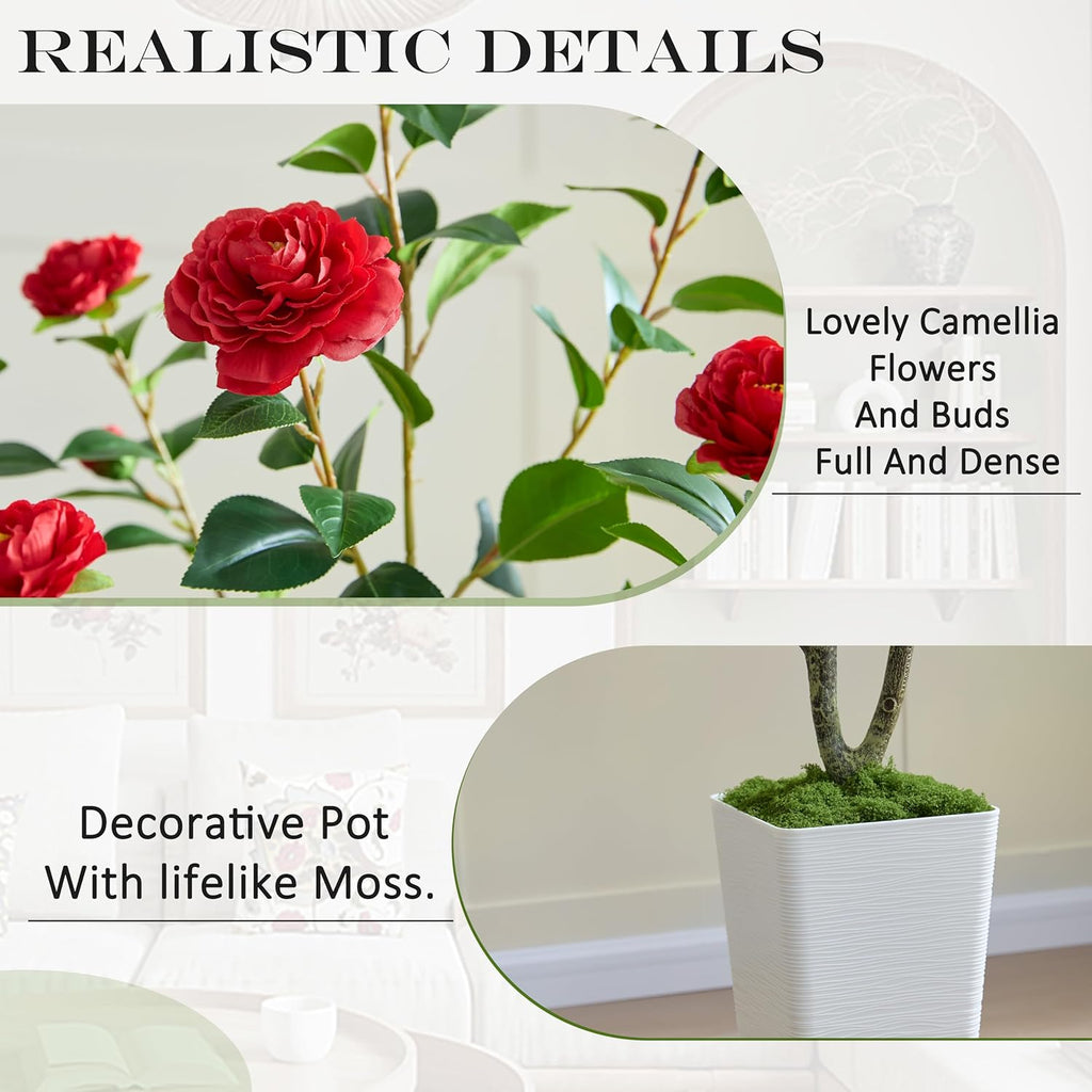 Artificial Camellia Tree 6FT Faux Trees Indoor Fake Floral Plant Blooming Tree with Red Flowers & White Tall Planter, Faux Camellia Plants for Porch Home Room Bedroom Office Front Door Outdoor Decor