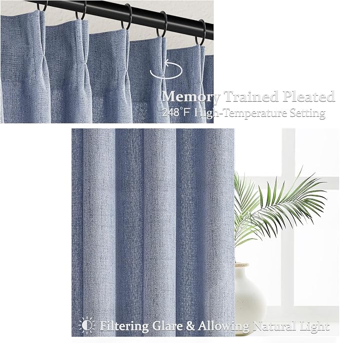 Pinch Pleated Linen Greyish Blue Sheer Curtains 84 Inches Long - Image 3