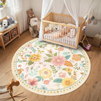 RELEANY Floral Washable Round 4ft Area Rug Beige/White/Orange | Flower Carpet - Image 3