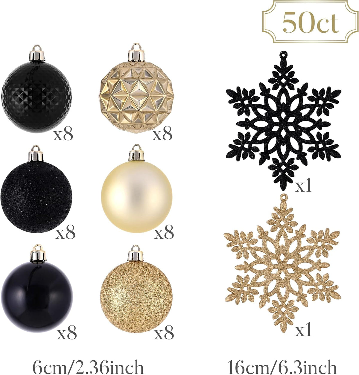 Valery Madelyn Christmas Tree Decorations Ornament Set for Fall Halloween, 50ct 2.36 Inches Black and Gold Shatterproof Christmas Ball Ornaments Hanging Xmas Holiday Party Decor