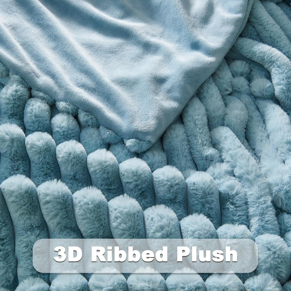 NEWCOSPLAY Faux Fur Throw Blanket Blue 3D Ribbed Plush Thick Warm Blanket for Couch Sofa Bed 850GSM (Blue Ribbed, Throw(50"x60"))