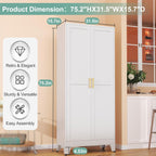 Metal Pantry Cabinet with 2 Doors and 5 Adjustable Shelves, 75" Kitchen Storage cabinets with Gold Handles, Versatile Storage for Laundry Room, Living Room, Bathroom, Dinning Room, Utility Room-White