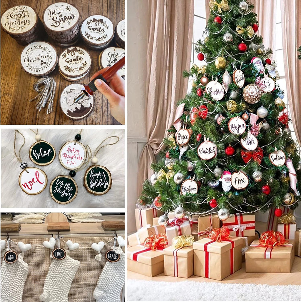 SENMUT Wood Slices 30 Pcs 3.1-3.6inch Natural Rounds Unfinished Wooden Circles Christmas Ornaments for Crafts Wood Kit Predrilled with Hole Wood Coasters, Craft Supplies for DIY and Painting