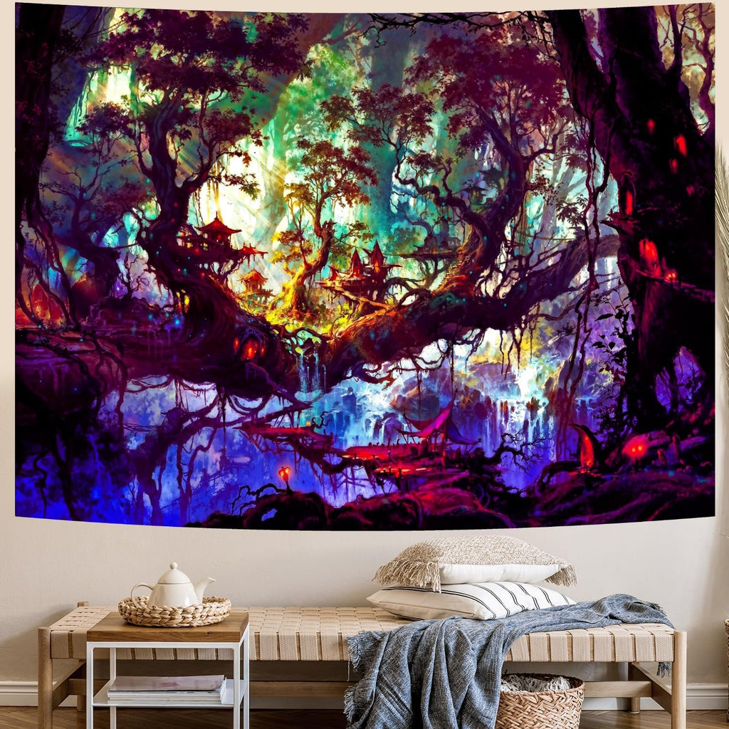 Delur Fantasy Forest Tapestry Mystical Landscape Magical Enchanted Forest Tree Nature Tapestry Psychedelic Wall Hanging Headboard for Bedroom Living Room Home Decor (51.2" x 59.1")