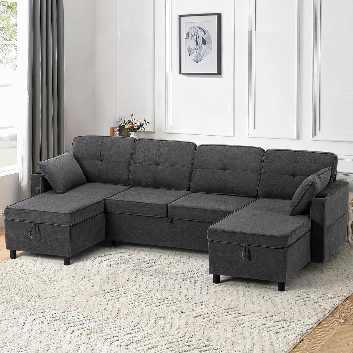 110 Inches Chenille Sectional Sofa w/Adjustable Back & Pull Out Sofa Bed, Tufted U Shaped Couch w/Two Storage Chaises, Sleeper Sectional Sofa w/USB Port & Cup Holders for Living Room, Grey