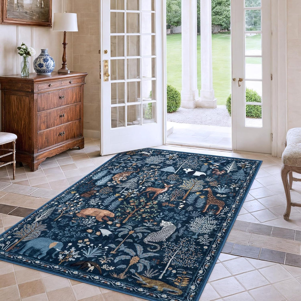 OJIA Jungle Print Blue 5x7 Rugs for Living Room, Soft Ultra-Thin Washable Area Rugs for Bedroom Non-Slip Modern Entryway Rug Non Shedding Indoor Carpet Kids Rugs for Playroom Nursery Classroom