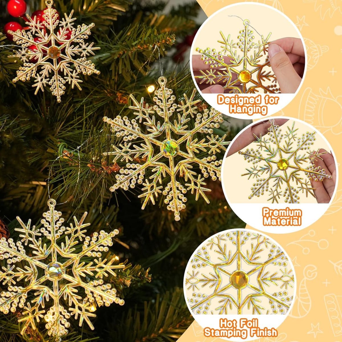 36pcs Gold Shine Christmas Snowflake Ornaments, Plastic Glitter Hanging Snow Flakes for Christmas Tree Decorations Winter Wonderland Frozen Birthday Party Holiday Home Decor