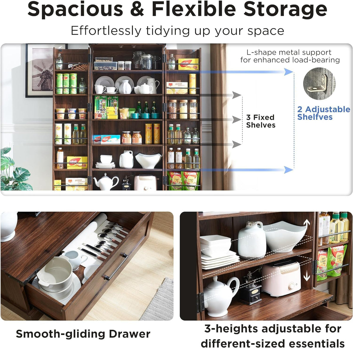 72‘’ Farmhouse Kitchen Pantry Cabinet with Drawer, Tall Storage Cabinet with 2 Barn Doors and Shelves, Versatile Large Rustic for Dining Room, Bathroom, Living Room, Laudry, Brown