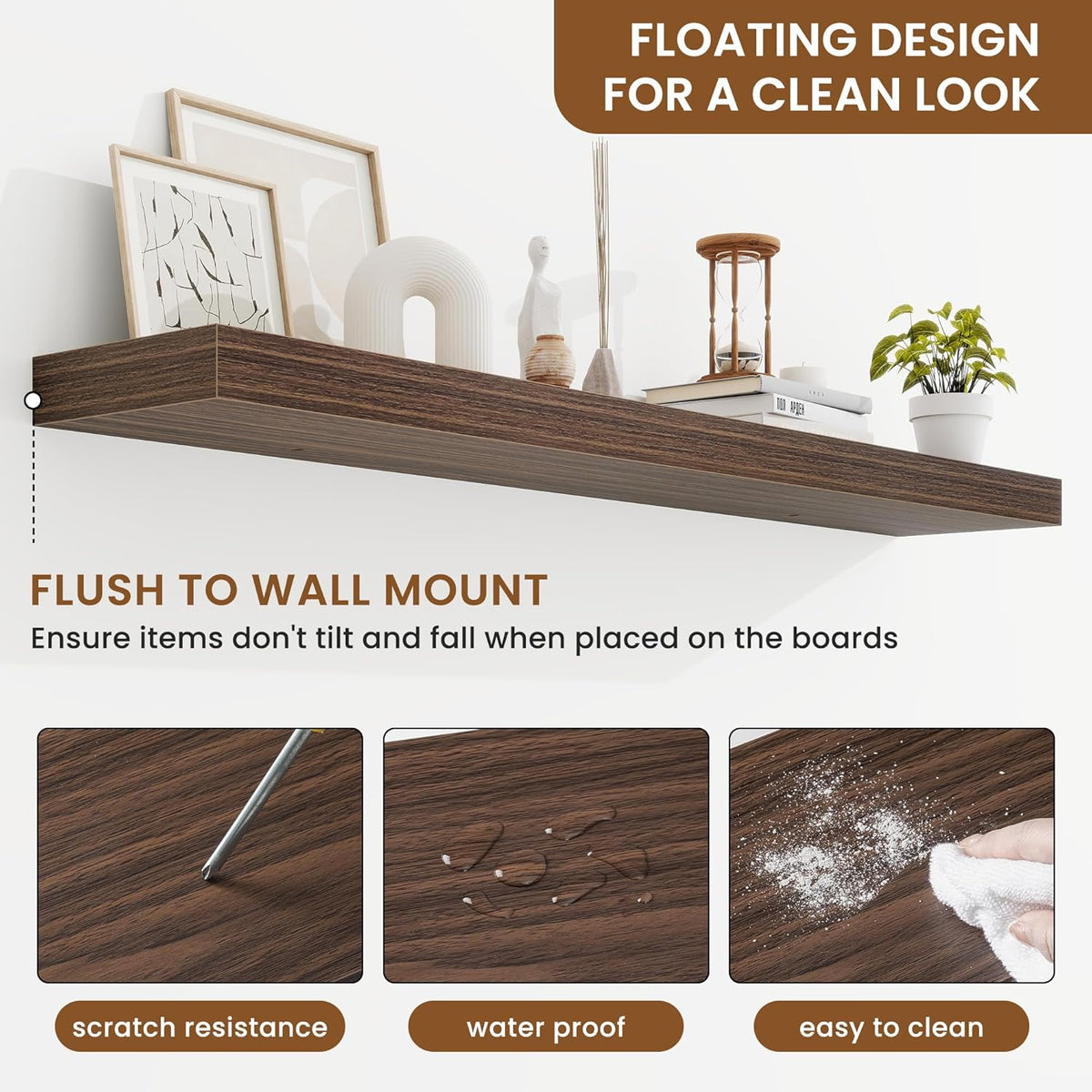 fuqing Floating Shelves for Wall, Bathroom Shelf Wall Mounted for Storage, Shelves with Invisible Bracket for Bedroom, Kitchen, Living Room, Farmhouse Small Book Shelf, 48 Inch Set of 2, Walnut