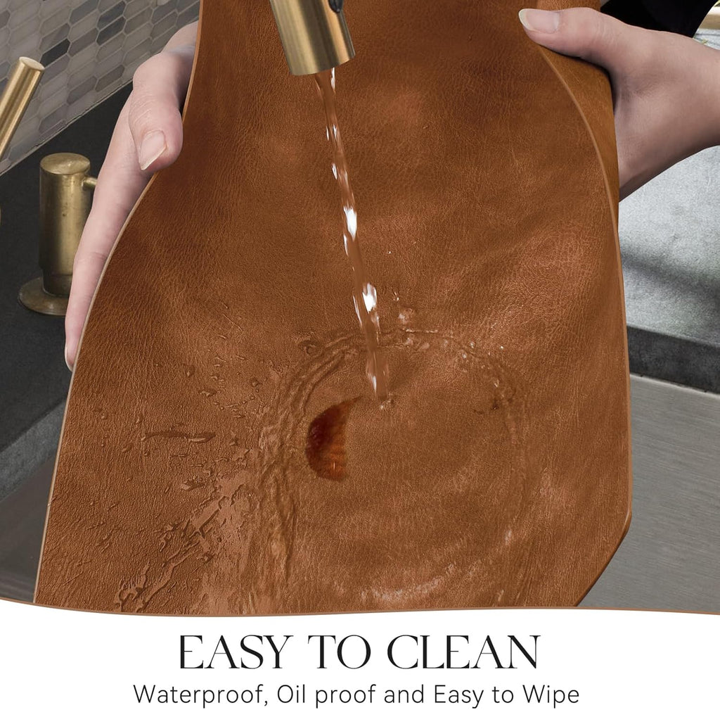 MOSAYT Vinyl Placemats Set of 6-12 X 17 Inch - Fall Faux Leather 100% Waterproof Oil-Proof Wipeable PU Place Mats, Heat Resistant Reversible Table Mats for Kitchen, Dining, Outdoor (Reddish Brown)