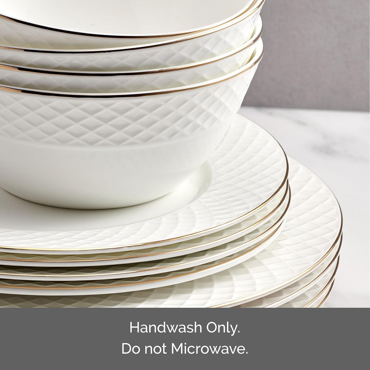 Mikasa Trellis Gold Rim Bone China Lightweight Chip Resistant 12 Piece Dinnerware Set, Service for 4