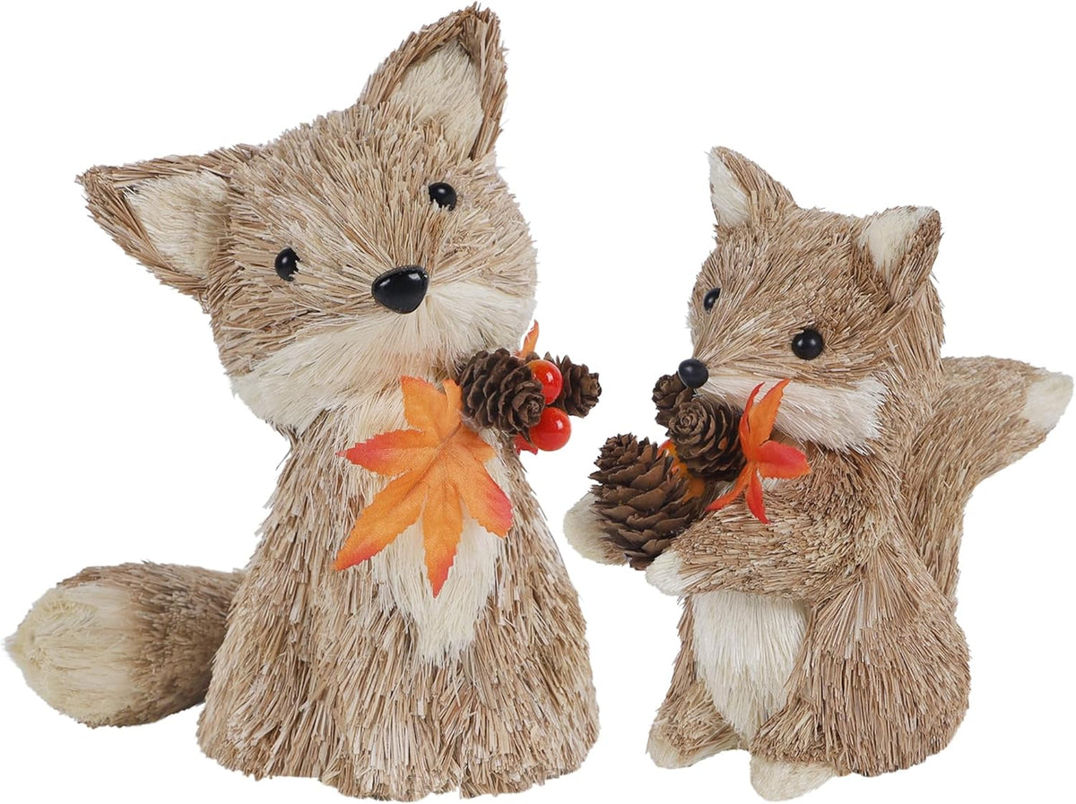 winemana Fall Decor Thanksgiving Decoration Sisal Fox, Set of 2 Table Centerpiece Foxes Animals Figurines, Handmade Ornaments Autumn Fall Decorations for Home Mantel Fireplace