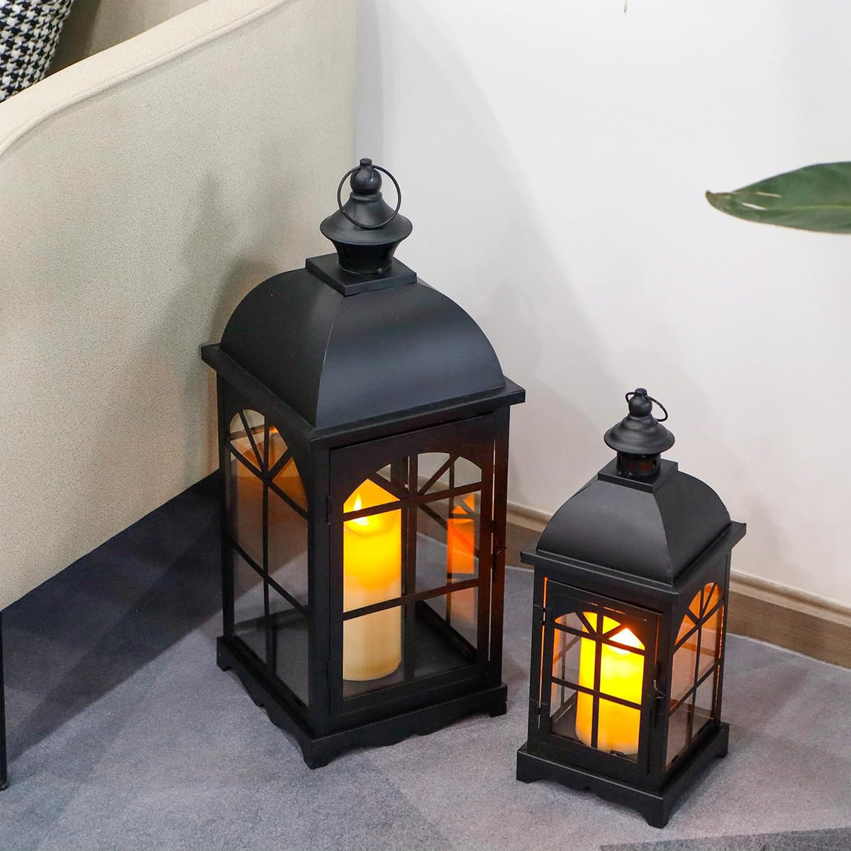TRIROCKS Set of 2 Decorative Vintage Candle Lanterns 14.5"&20" H Farmhouse Outdoor Hanging Lanterns with Tempered Glass for Porch, Balcony, Patio, Home, Centerpieces, Indoor, Outdoor(Black)
