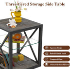 Farmhouse End Table, Modern Side Table with 3-Tier Storage Shelf, Square Rustic Nightstand, Accent Tea Table, for Bedroom Office Living Room, Grey, Natural Wood, Glass, Metal