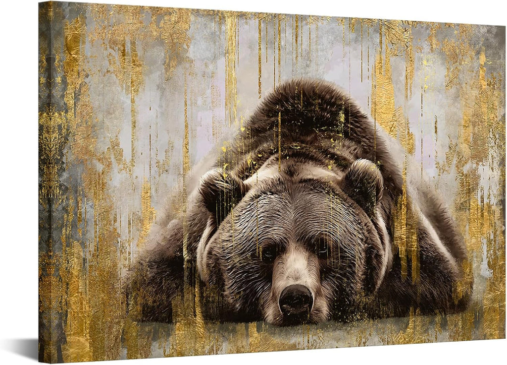 KREATIVE ARTS Bear Sleep Pictures Wall Decor Brown Animal Canvas Wall Art Modern Rustic Woodland Wildlife Print Vintage Framed Artwork for Living Room Bedroom Cabin 32 x 24 Inch