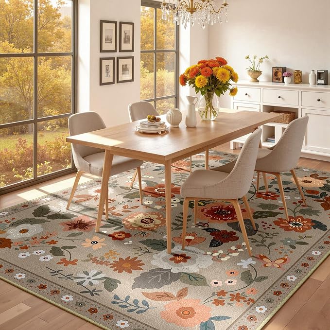 RELEANY Floral Washable 8x10 Area Rugs Brown/Brick | Flower Carpet Print Boho - Image 6