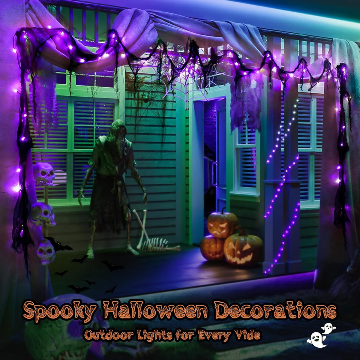 Halloween Horror Atmosphere Lights, Orange&Purple LED String Lights with 9.9FT Creepy Black Gauze, Battery Powered with Timer & 8 Flashing Modes (2 Pack Purple)