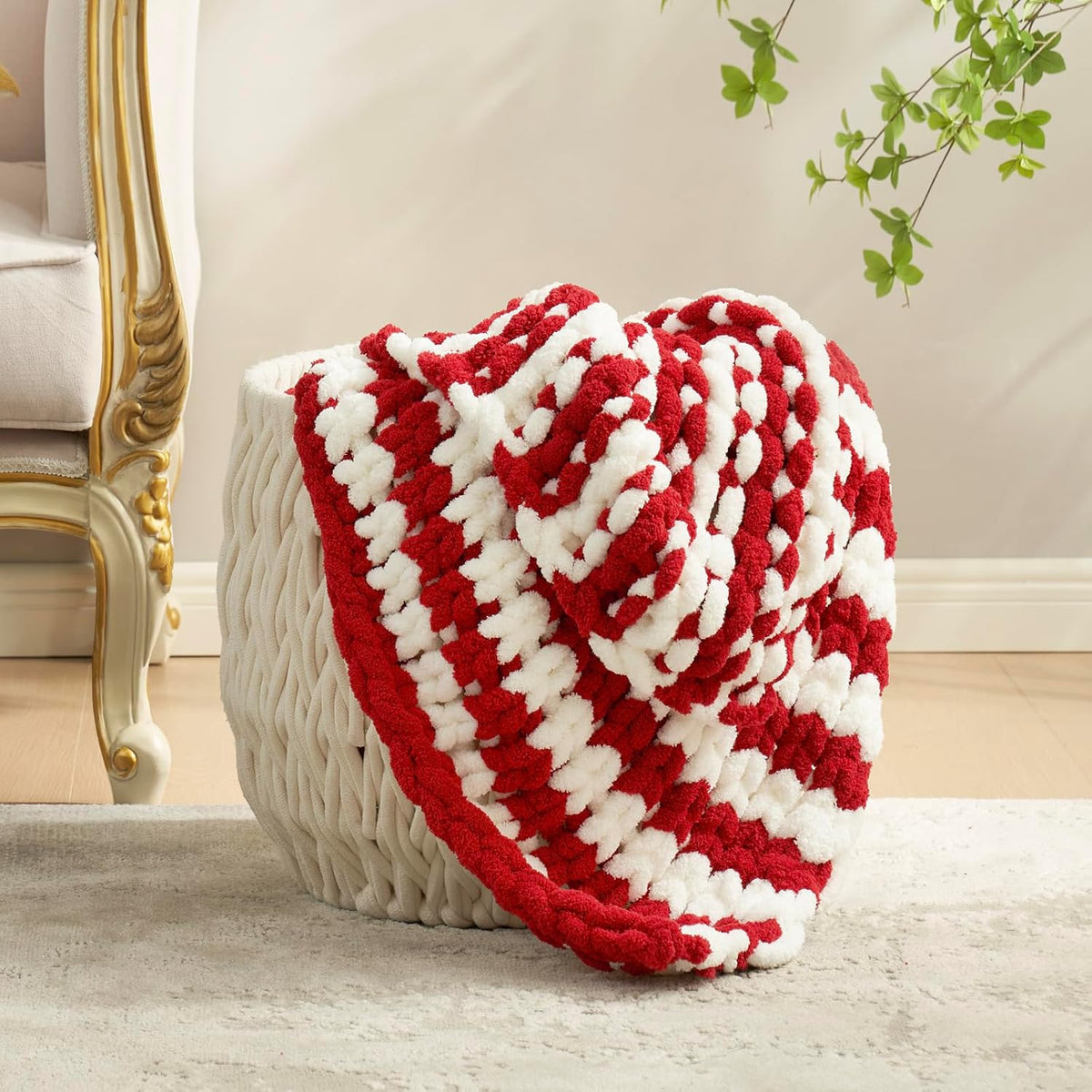 Amélie Home Chunky Knit Blanket Throw, Thick Soft Yarn Chunky Throw 50x60, Handmade Chenille Cable Knitted Crochet Throw Blanket, Warm Rope Knot Blanket for Couch Bed Sofa, Red White Stripe