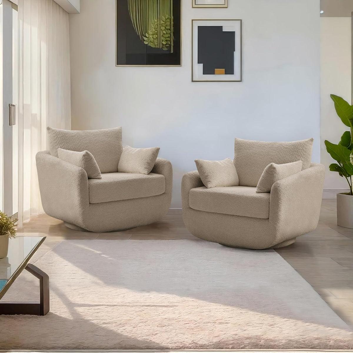 360° Swivel Accent Armchair Set of 2, 39.3" Oversized, Sherpa Boucle Fabric Sofa Chair with Removable Back & Arm Pillows, Swivel Chairs with Cozy Soft Padded, No Assembly Required, Camel