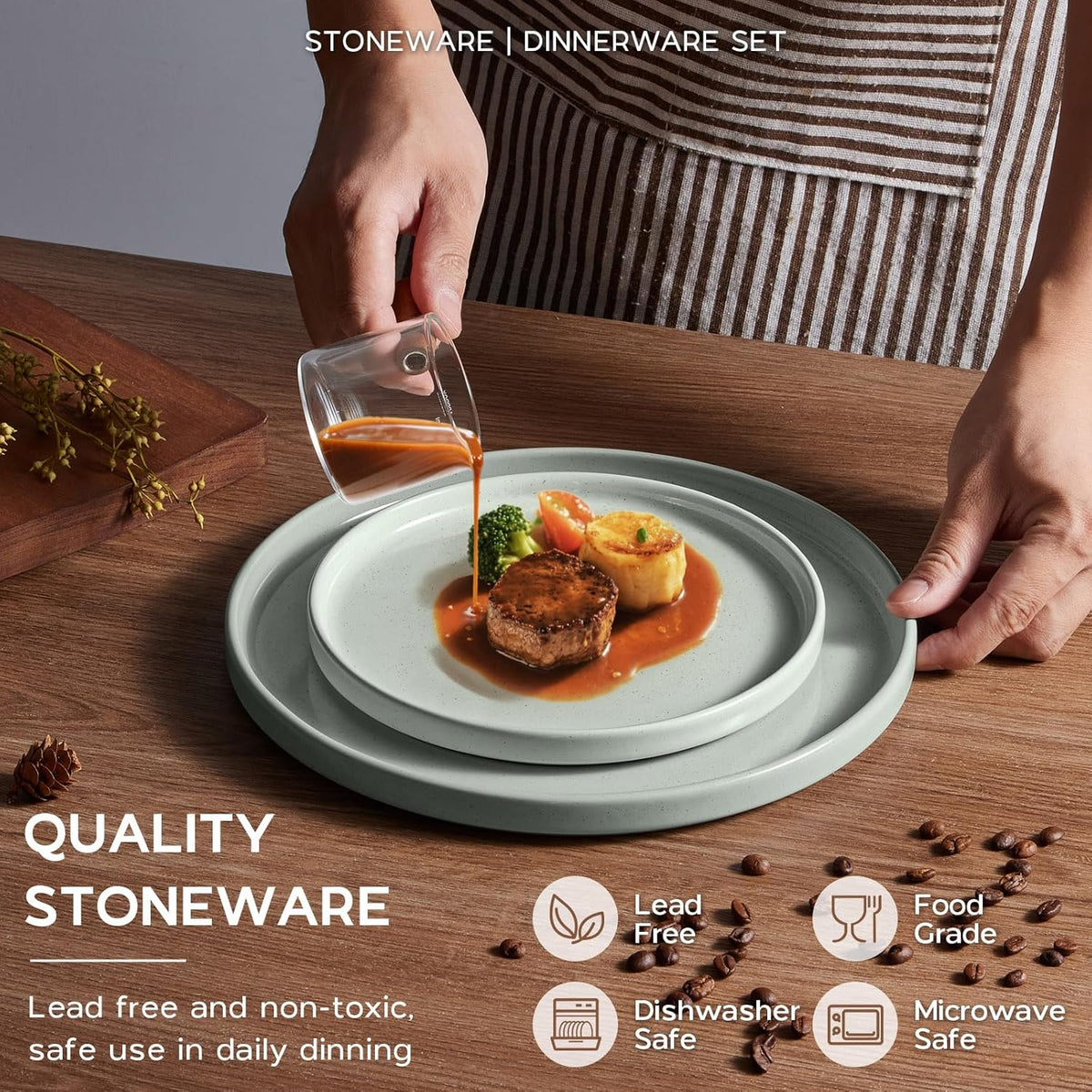 Onader Speckled Dinnerware Set for 4 with Pasta Bowl, 16 Piece Stoneware Plates and Bowls Dishes Set, Microwave & Dishwasher Safe – Pale Sage Green
