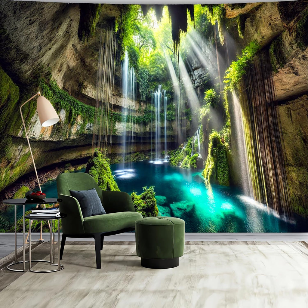 BSFHH Nature Tapestry Forest Tree Sea Cave Wall Hanging, Stream Through Rainforest Landscape Wall Art Tapestry for Bedroom Living room (Fall, 90"×70", Unframed)
