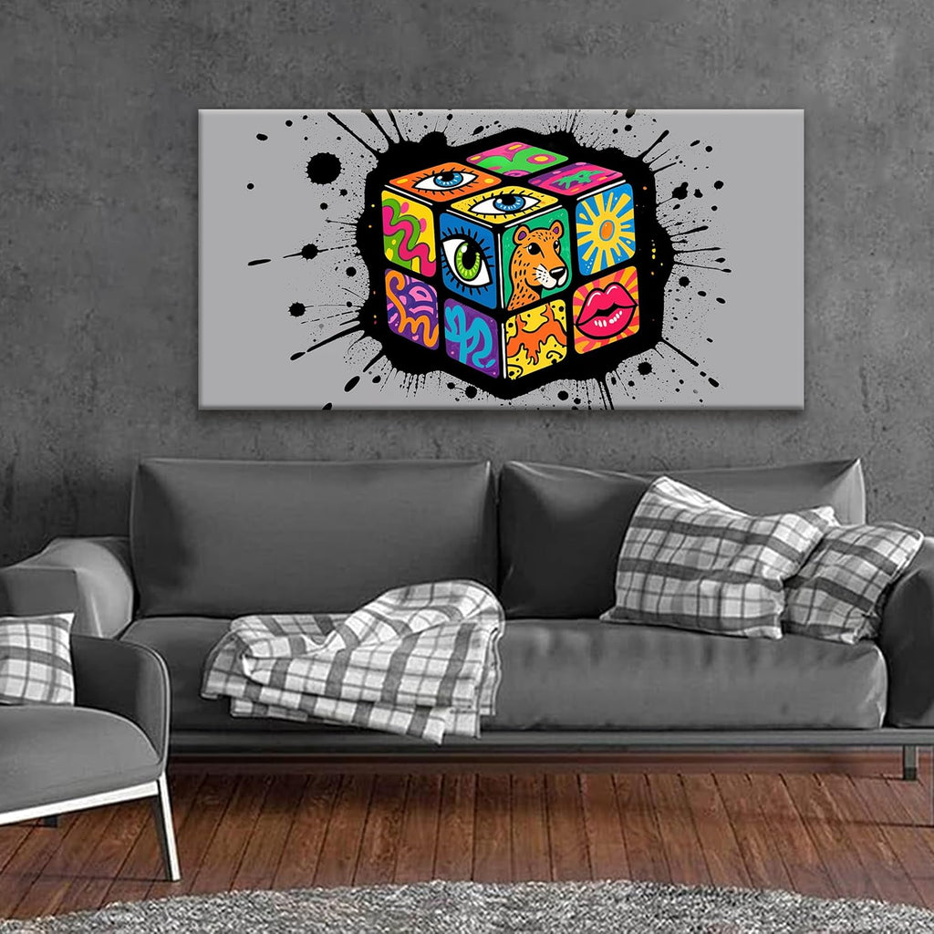 TAIJXAGSG Abstract Wall Art For Living Room Artwork Multicolor Graffiti Cube Canvas Art Wall Decor Modern Canvas Prints Pictures Abstract Wall Decor For Home Hotel Artwork 24x48 Inch
