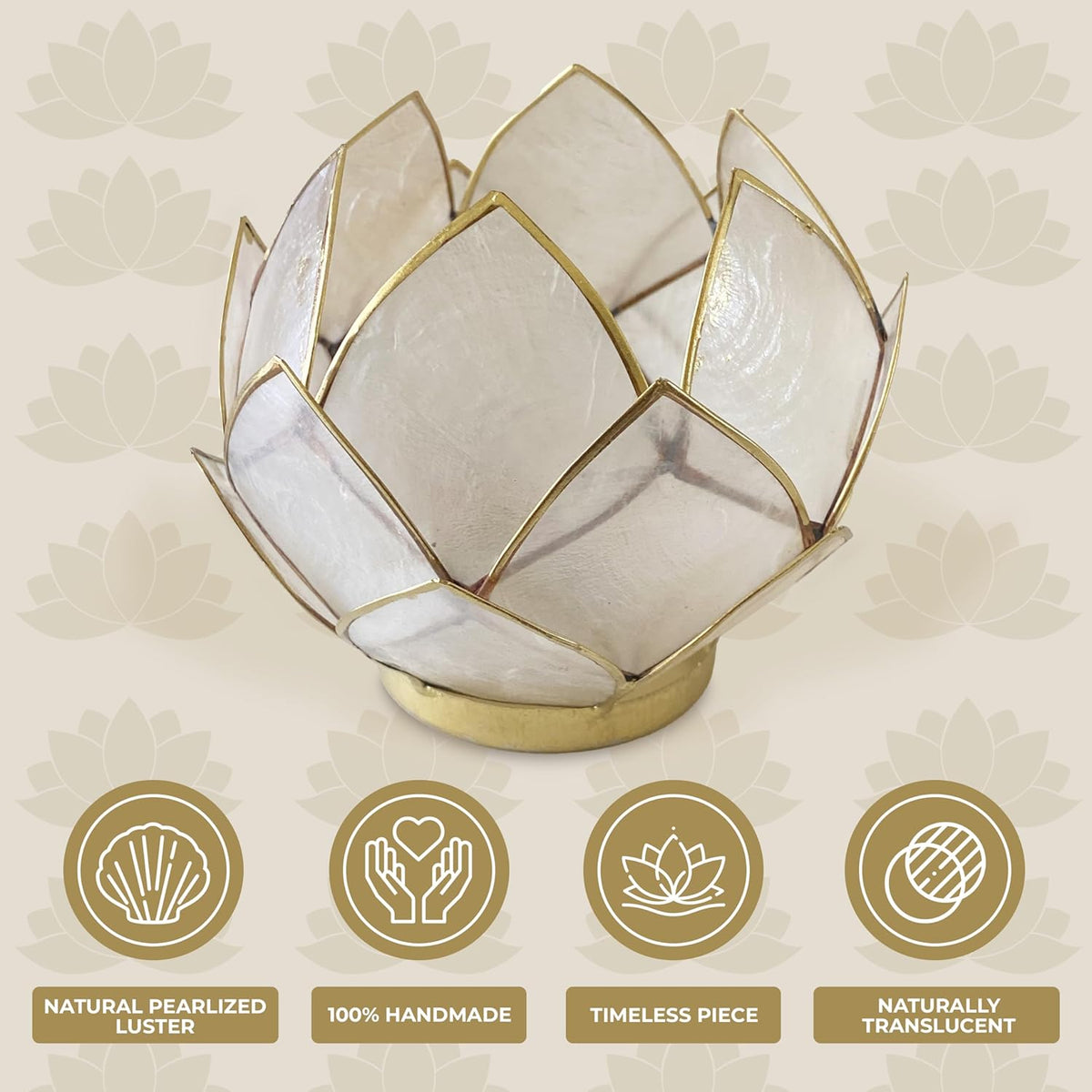 Blooming Lotus Capiz Shell Tealight Candle Holder, Handcrafted Decorative Tea Light Candleholder with Translucent Flower Petals for Ambient Illumination and Natural Elegance, Natural