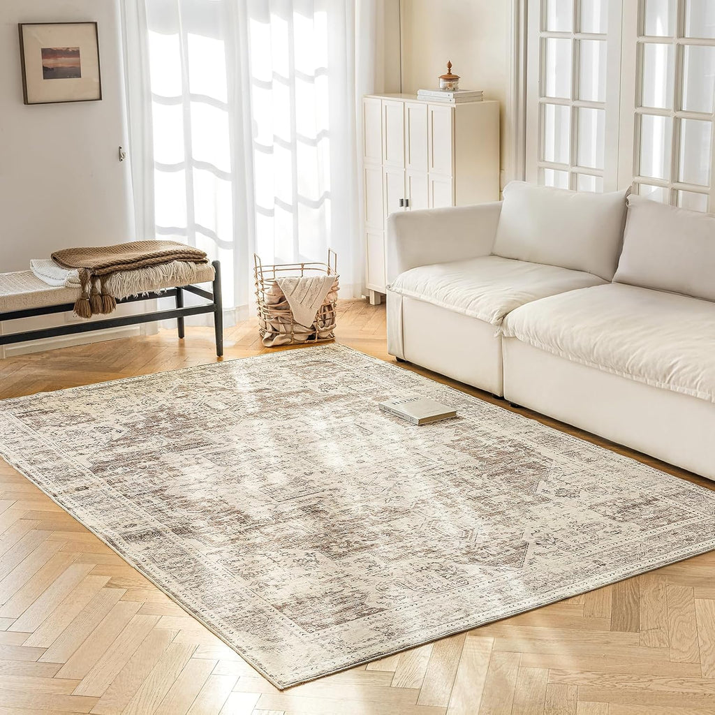 5'x7' Area Rug - Vintage Persian Medallion Design Low-Pile Faux Wool Rug, Non-Slip Backing, Machine Washable, for Living Room, Dining Room, Bedroom (Cream/Taupe)
