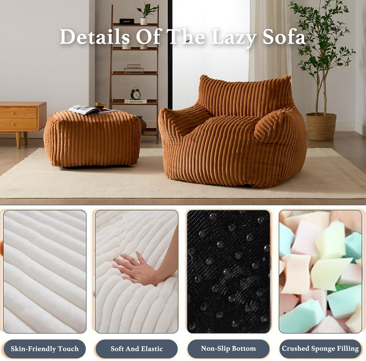 Oversized Bean Bag Chaise Lounge Chair Indoor for Adults with Armrests & Ottoman - Giant Comfy Orange Beanbag Floor Sofa Cloud Accent Chair for Reading, Gaming, Cozy Plush Cloud Mini Couch