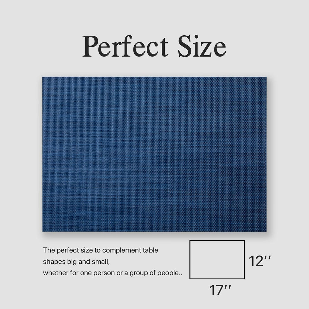 Placemats Set of 12 - Easy Clean Woven Vinyl Placemats for Dining Table, Indoor/Outdoor Place Mats, Washable PVC Table Mats（Navy Blue）