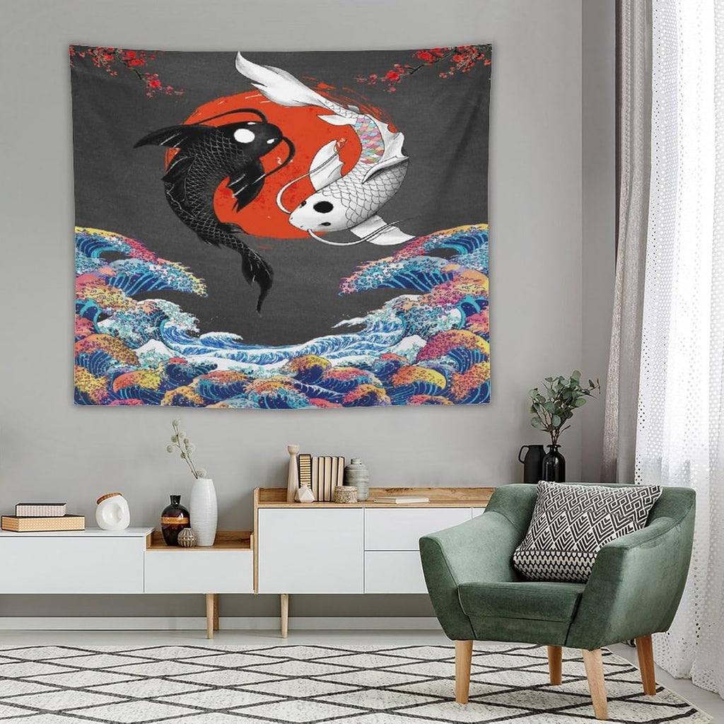 Houselerax Japanese Koi Fish Tapestries, Yin Yang Big Wave Cherry Blossom Tapestry Wall Hanging for Bedroom Living Room Office Decor 60"x50"