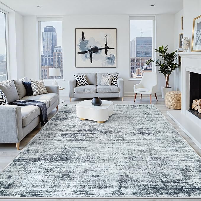 10x12 Washable Area Rug for Living Room Bedroom: Non-Slip Modern Black Grey | by Oriannal