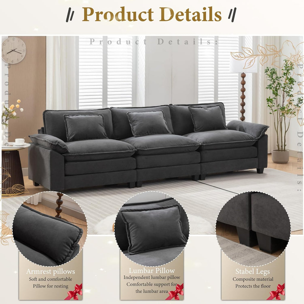 URRED Modular Sectional Sofa Comfy Cloud Couch, Modern Velvet Sofa Sleeper Deep Seat Couches with Ottoman/Pillows for Living Room (Dark Gray, 117'')