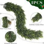 9FT Real Touch Cedar Garland - Artificial Christmas Garland Fake Green Faux Thick and Lush Pine Needles Garlands for Table Fireplace Mantle Holiday Home Indoor Outdoor Decor (1PCS)