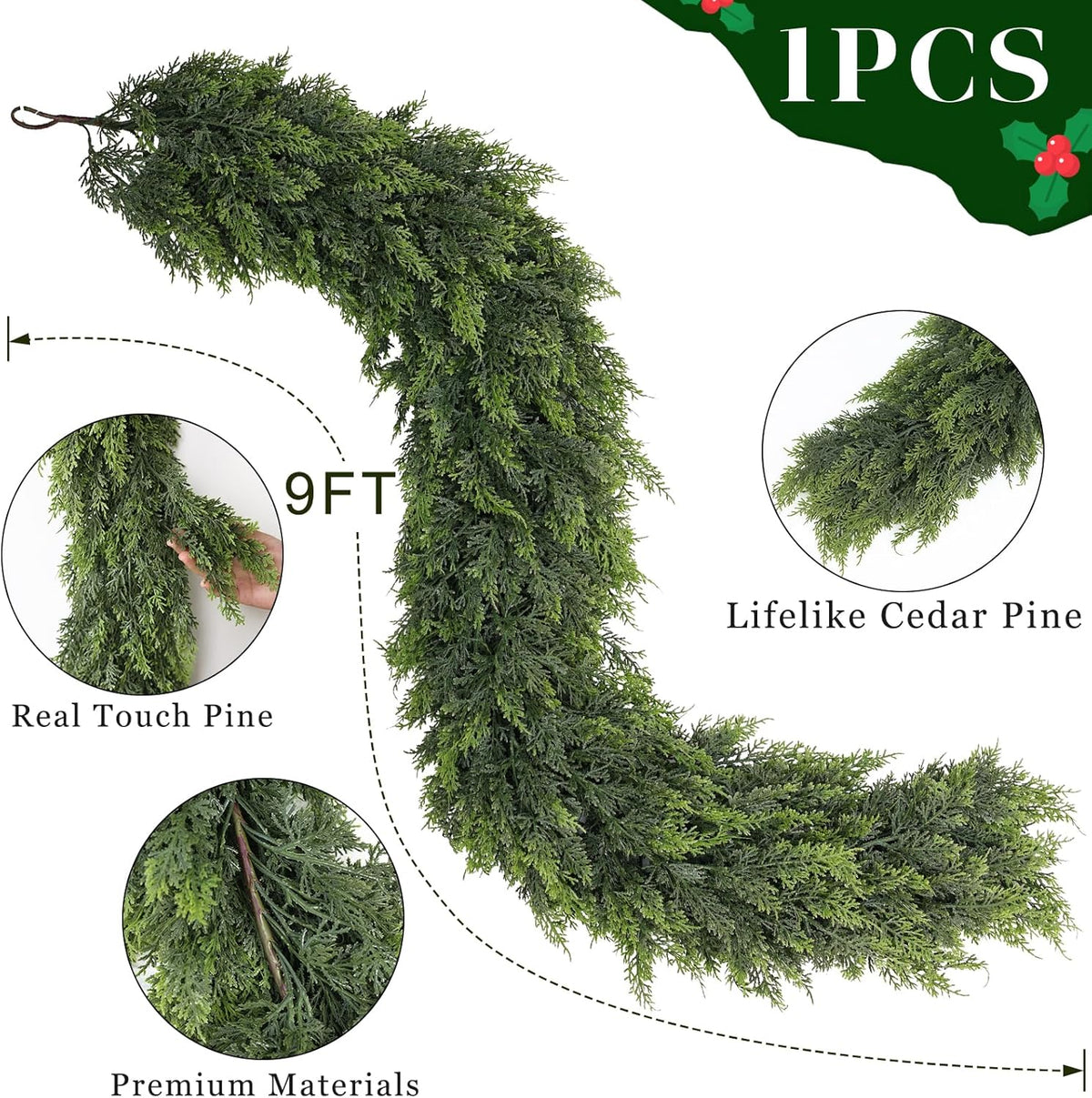 9FT Real Touch Cedar Garland - Artificial Christmas Garland Fake Green Faux Thick and Lush Pine Needles Garlands for Table Fireplace Mantle Holiday Home Indoor Outdoor Decor (1PCS)