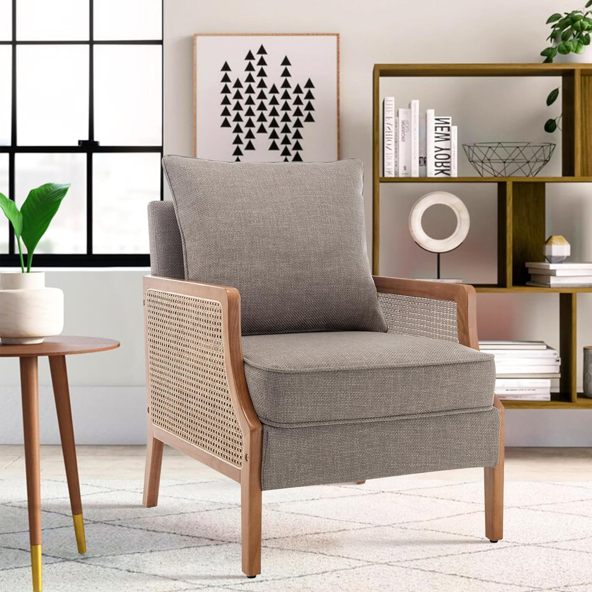 HAOBO Home Mid Century Modern Accent Chair Upholstered Living Room Chairs Armchair with Rattan Armrest Comfy Reading Chair with Wood Frame Lounge Side Chair with Waist Cushion
