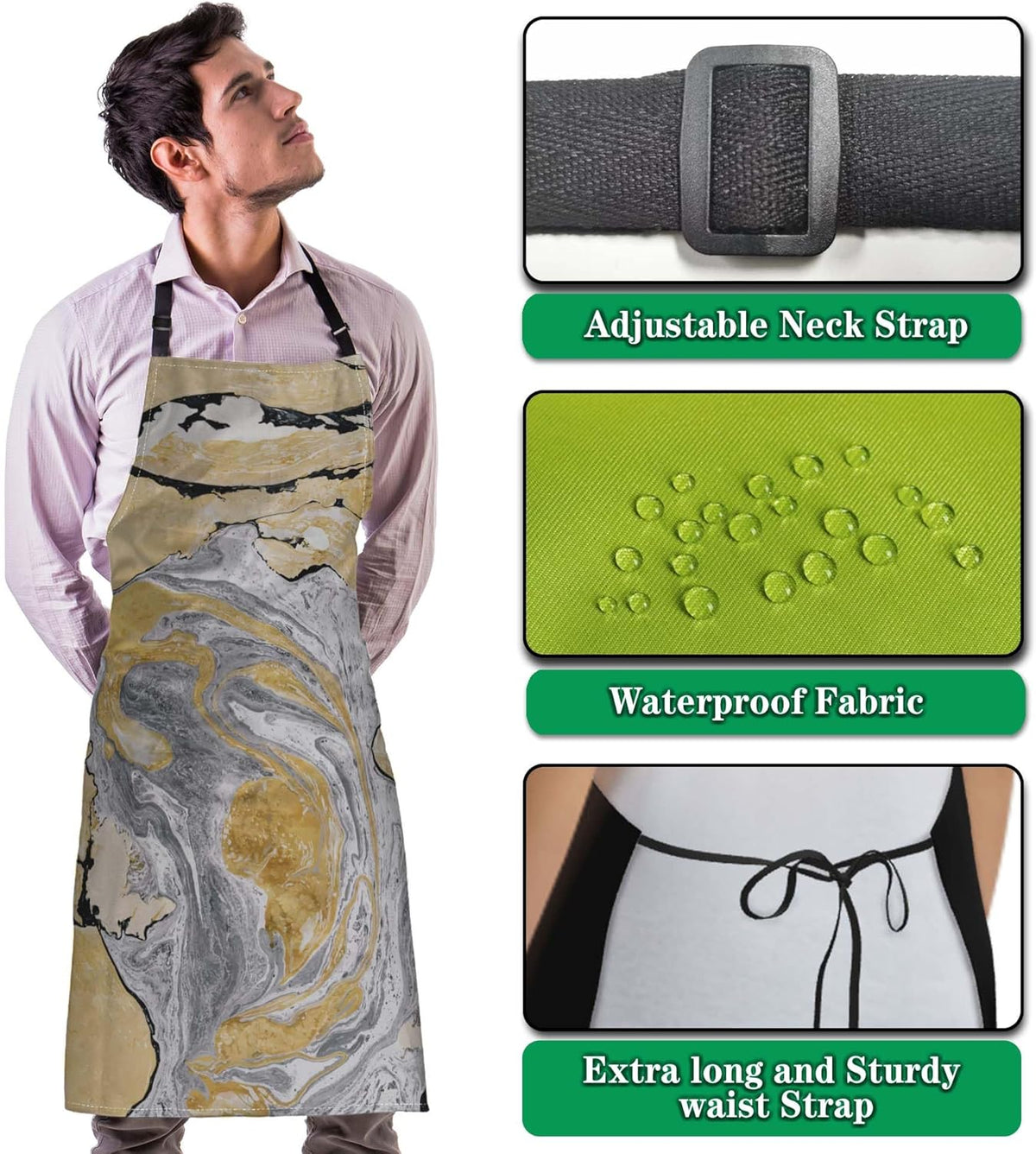 Funny Aprons for Adults Women Gold and Black Marble Women Apron for Kitchen Cooking Restaurant BBQ Painting Crafting Gardening 27” (W) x 31” (H), Waterproof Apron