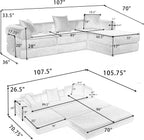 107" Oversized Convertible Sleeper Sofa Bed, Corduroy L Shape Sectional Couch, Folding Sofa Bed with Side Pocket, Modern Cloud Floor Mattress Couch, Modular Sofa for Living Room, Red