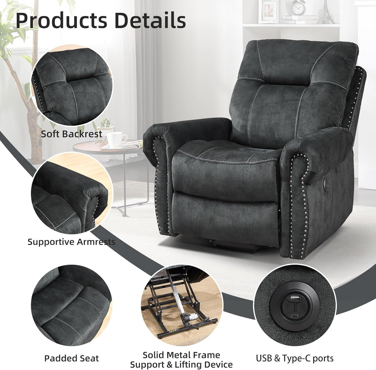 EBELLO 2 Pieces Reclining Couch Furniture Set for Living Room, 1 Seat Power Recliner and a 3 Seater Sofa, Vintage Rivet Mid-Century Design for Living Room, Grey