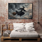 JFHCQJPK Witch and bat flying Halloween poster suitable for home party wall decoration retro Halloween preppy style wall art canvas print suitable for room decoration24x36in Metal blackFramed