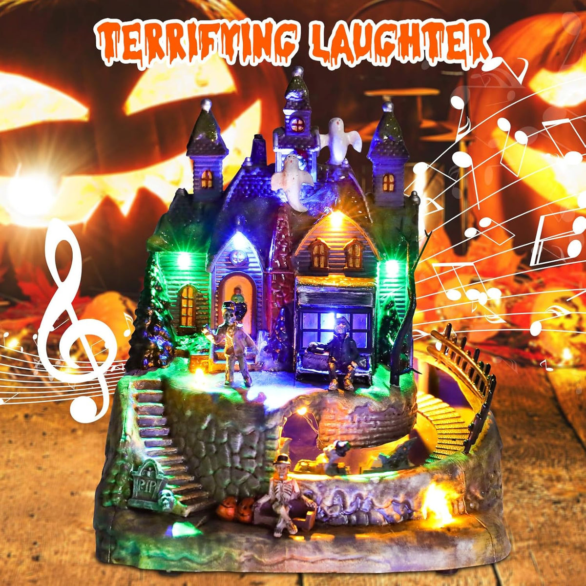 DREAM GARDEN Halloween Village Collection, Lighted Spooky Haunted House with Animated Train and Scary Sound Resin Spooky Town with Skull, Pumpkin, Ghost for Holiday Party Tabletop Decor