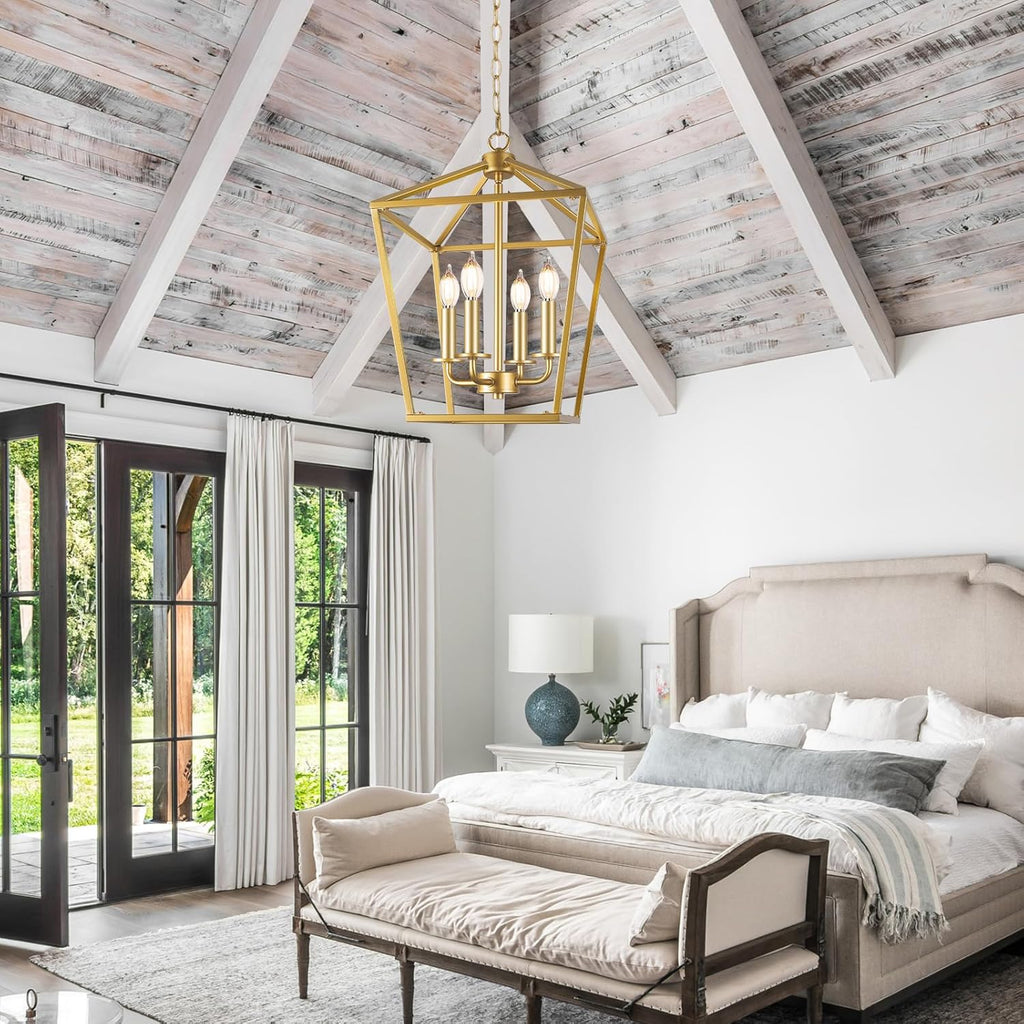 Farmhouse Chandelier 4-Light, Gold Pendant Light Fixture for Kitchen Island Dining Room, Lantern Industrial Lighting Ceiling Hanging with Metal Cage Adjustable Height for Entryway Foyer